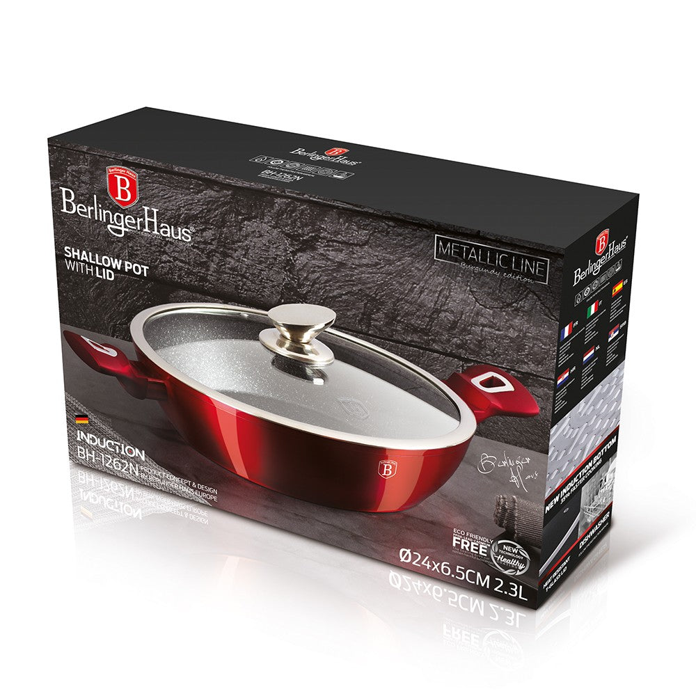 Berlinger Haus 24cm Titan Pro Non-Stick Shallow Pot with Lid - Metallic Burgundy Line