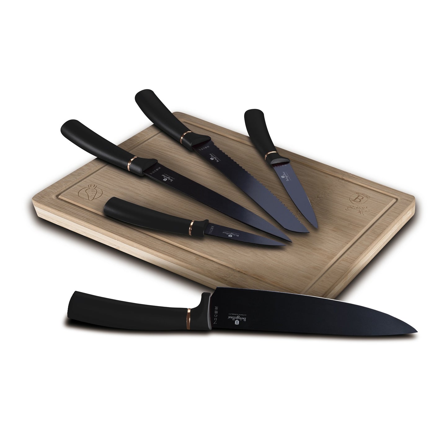 Berlinger Haus 6-Piece Knife Set with Bamboo Cutting Board – Black & Rose Gold Edition