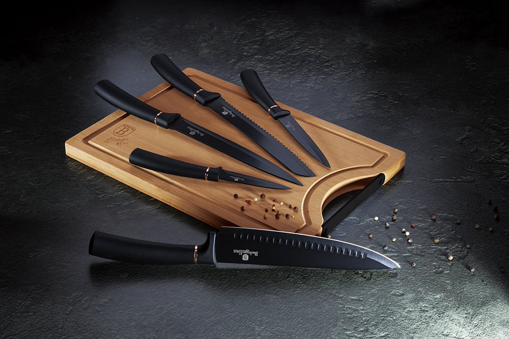 Berlinger Haus 6-Piece Knife Set with Bamboo Cutting Board – Black & Rose Gold Edition