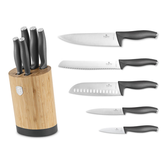 Berlinger Haus 6-Piece Stainless Steel Knife Set with Bamboo Stand – Anthracite