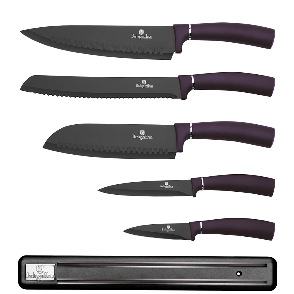 Berlinger Haus 6-Piece Non-Stick Knife Set with Magnetic Hanger - Purple