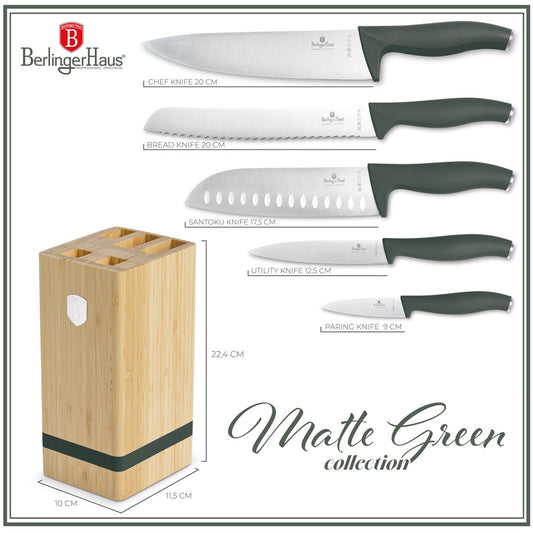 Berlinger Haus 6-Piece Knife Set with Bamboo Stand – Matte Green