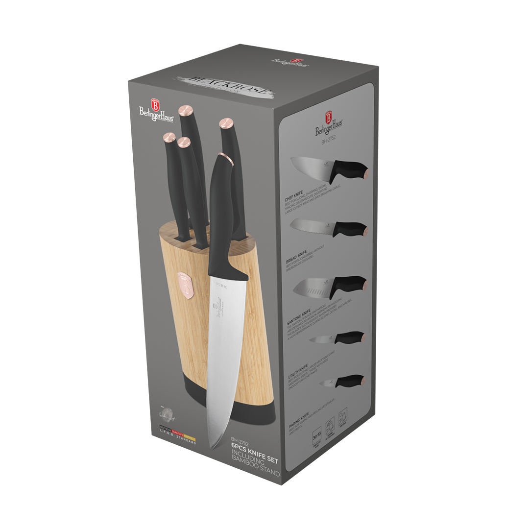 Berlinger Haus 6-Piece Knife Set with Bamboo Stand – Black Rose