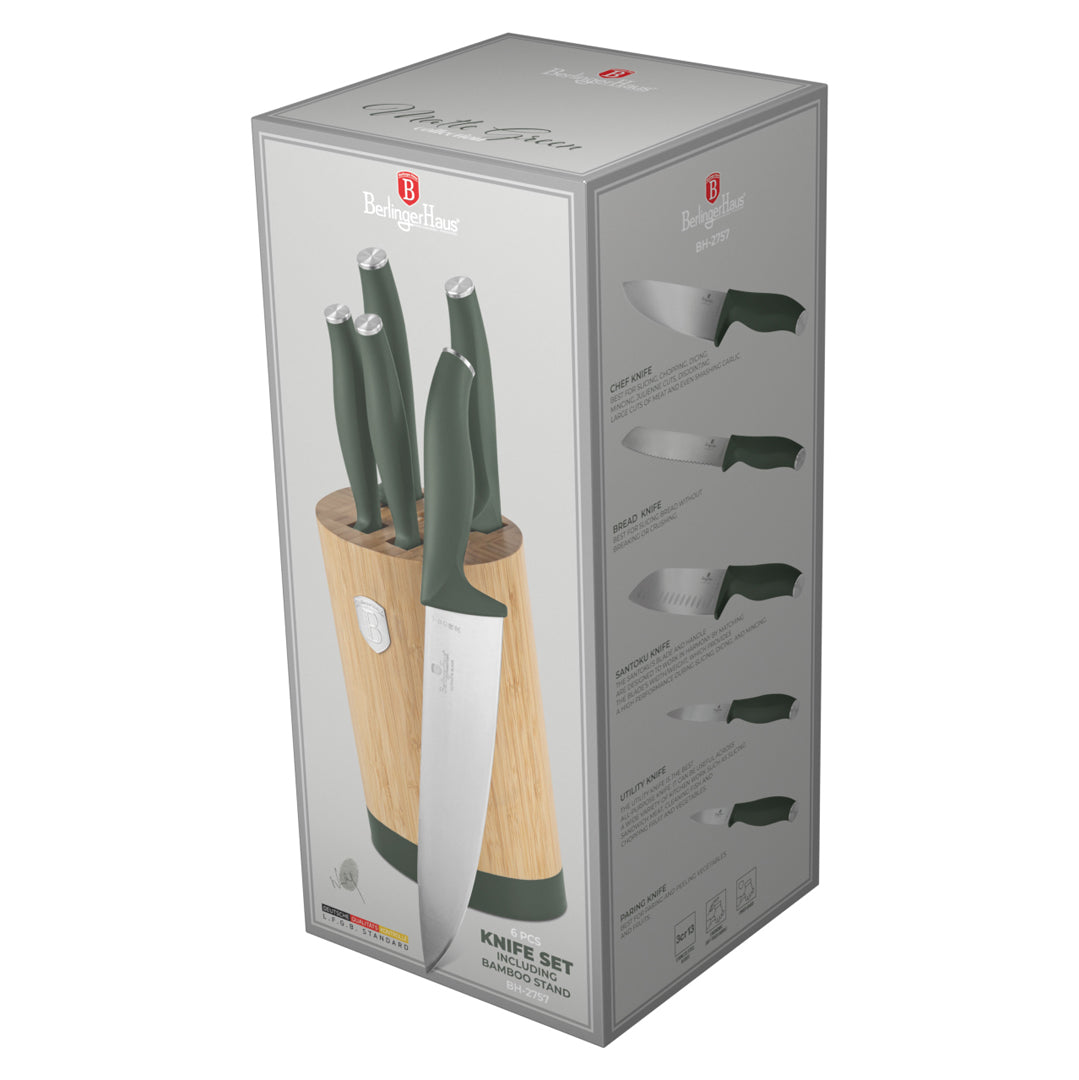 Berlinger Haus 6-Piece Stainless Steel Knife Set with Bamboo Stand – Matt Green