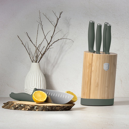 Berlinger Haus 6-Piece Stainless Steel Knife Set with Bamboo Stand – Matt Green