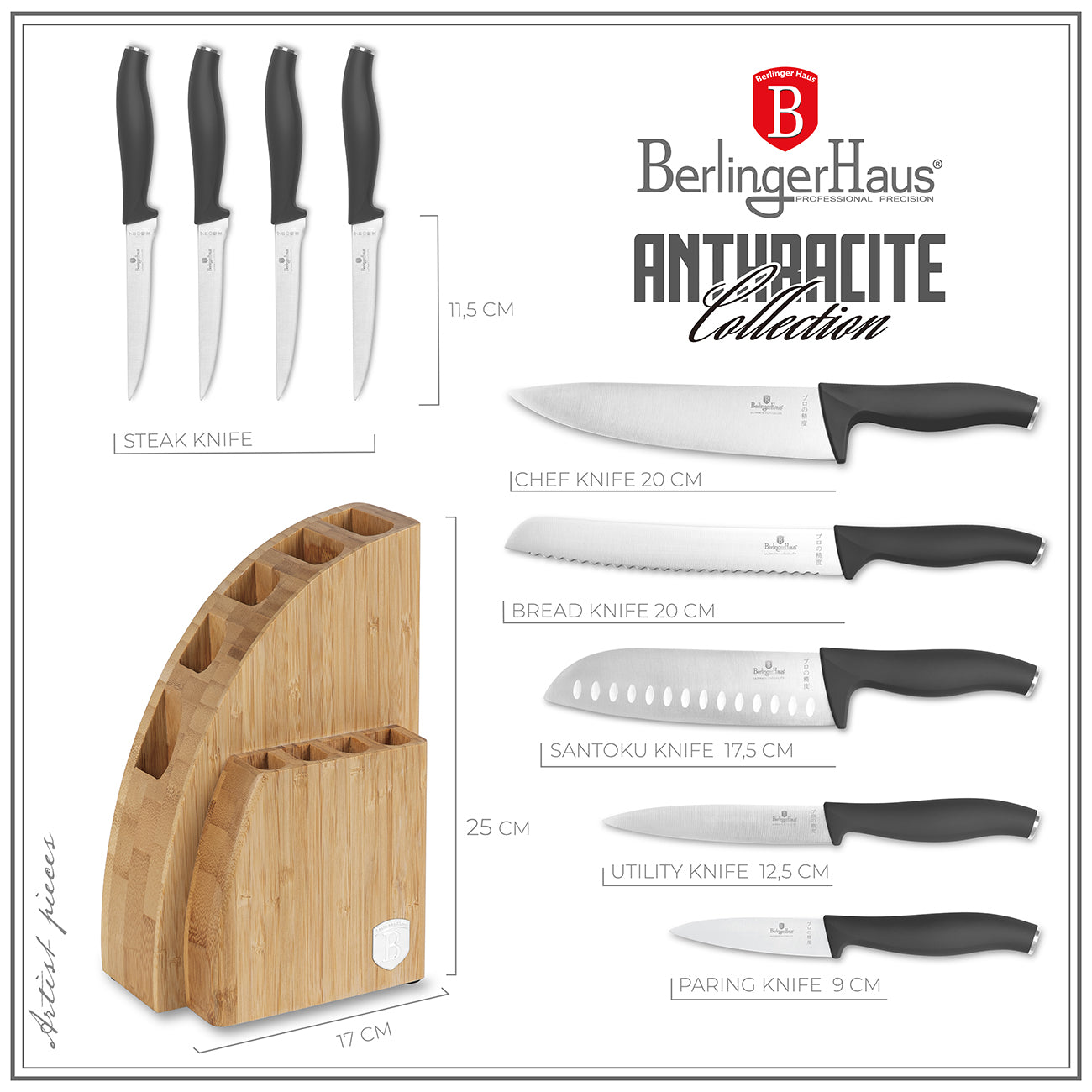 Berlinger Haus 10-Piece Knife Set with Bamboo Stand – Anthracite