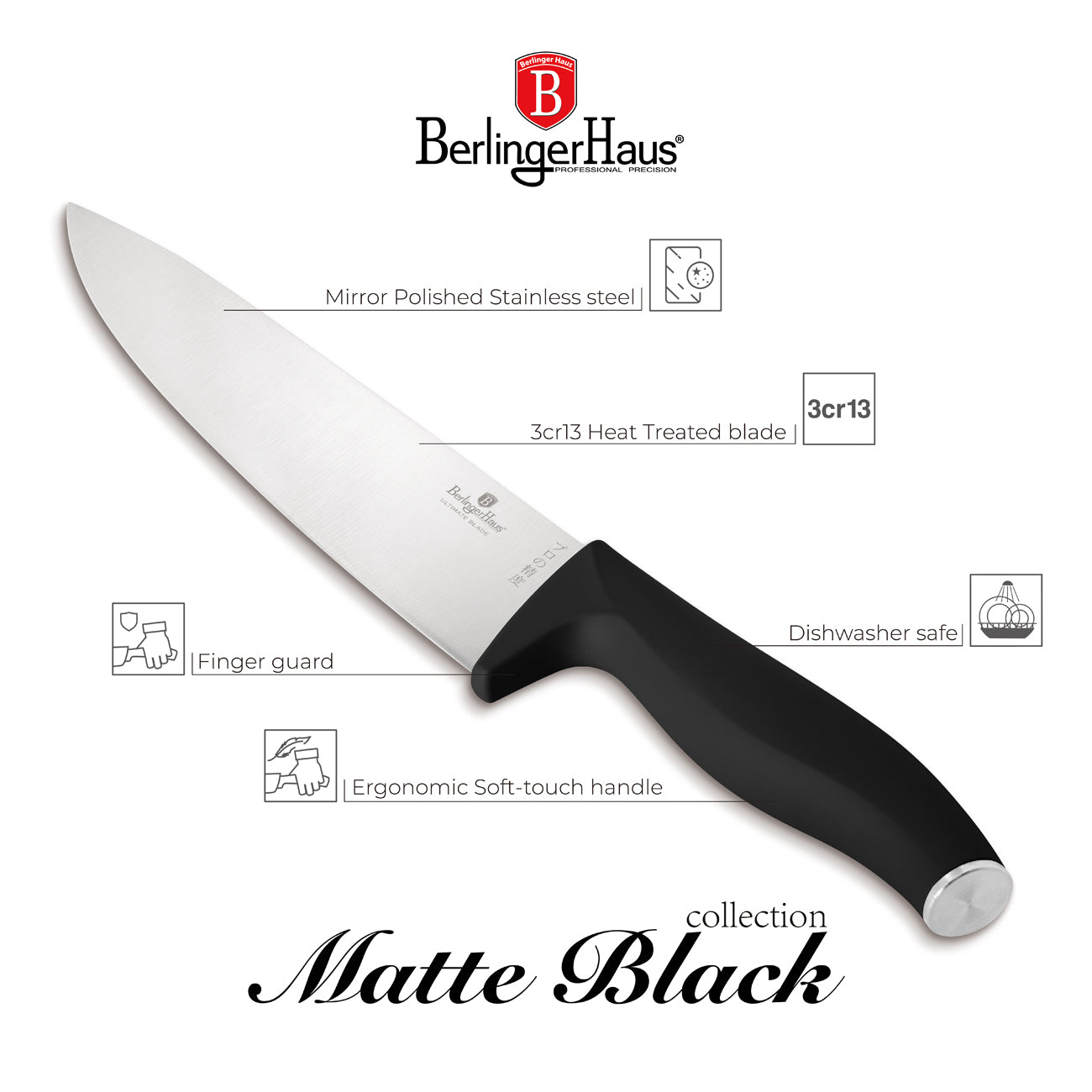 Berlinger Haus 6-Piece Knife Set with Acacia Wood Magnetic Hanger – Matt Black