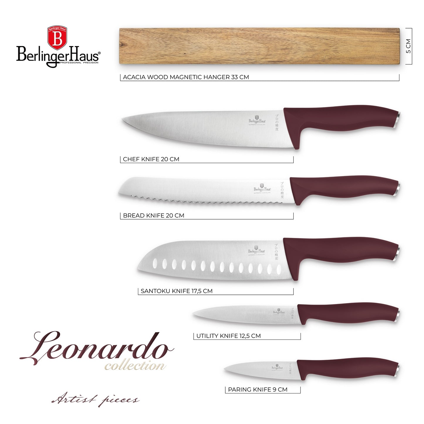 Berlinger Haus 6-Piece Stainless Steel Knife Set with Wood Magnetic Hanger – Leonardo