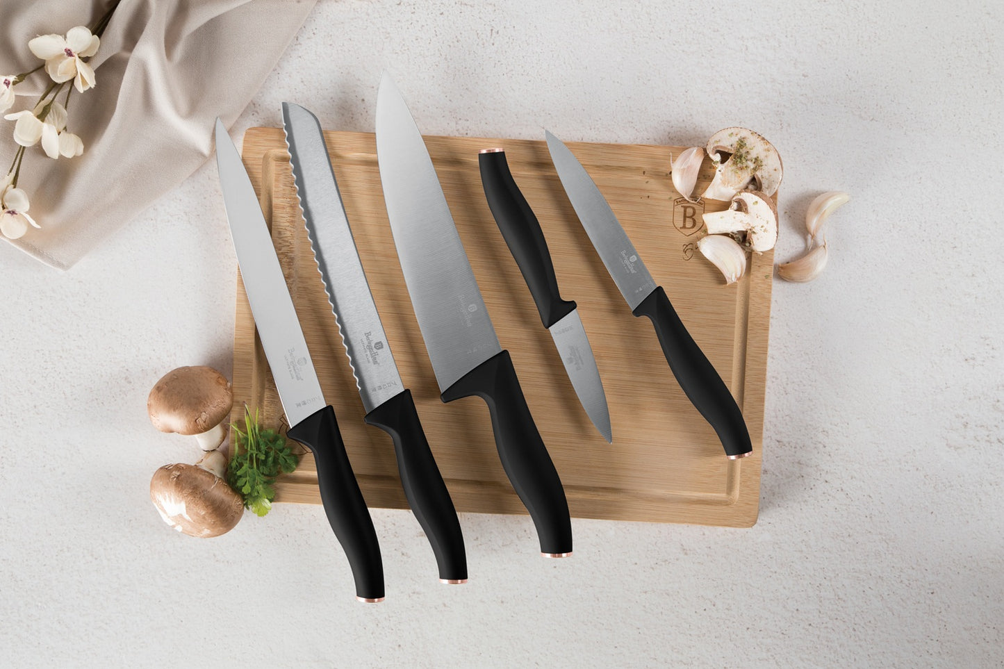 Berlinger Haus 6-Piece Knife Set with Bamboo Cutting Board – Black Rose