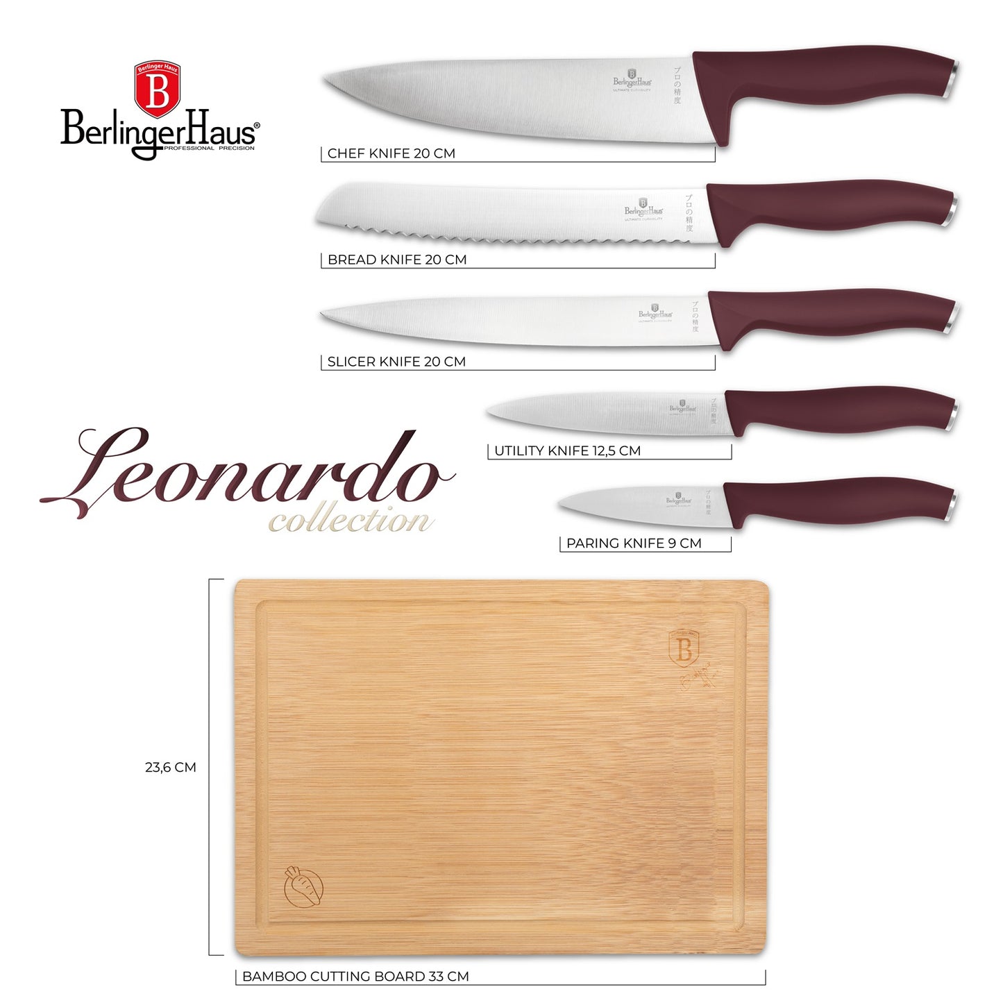 Berlinger Haus 6-Piece Stainless Steel Knife Set with Bamboo Cutting Board – Leonardo