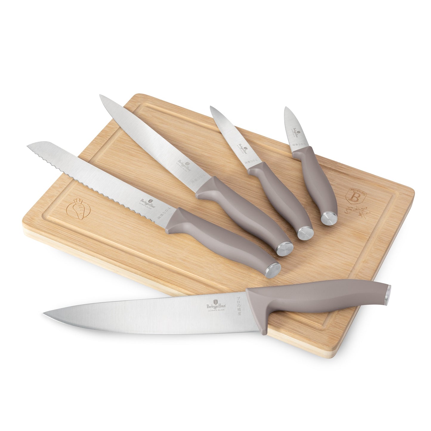 Berlinger Haus 6-Piece Knife Set with Bamboo Cutting Board – Taupe