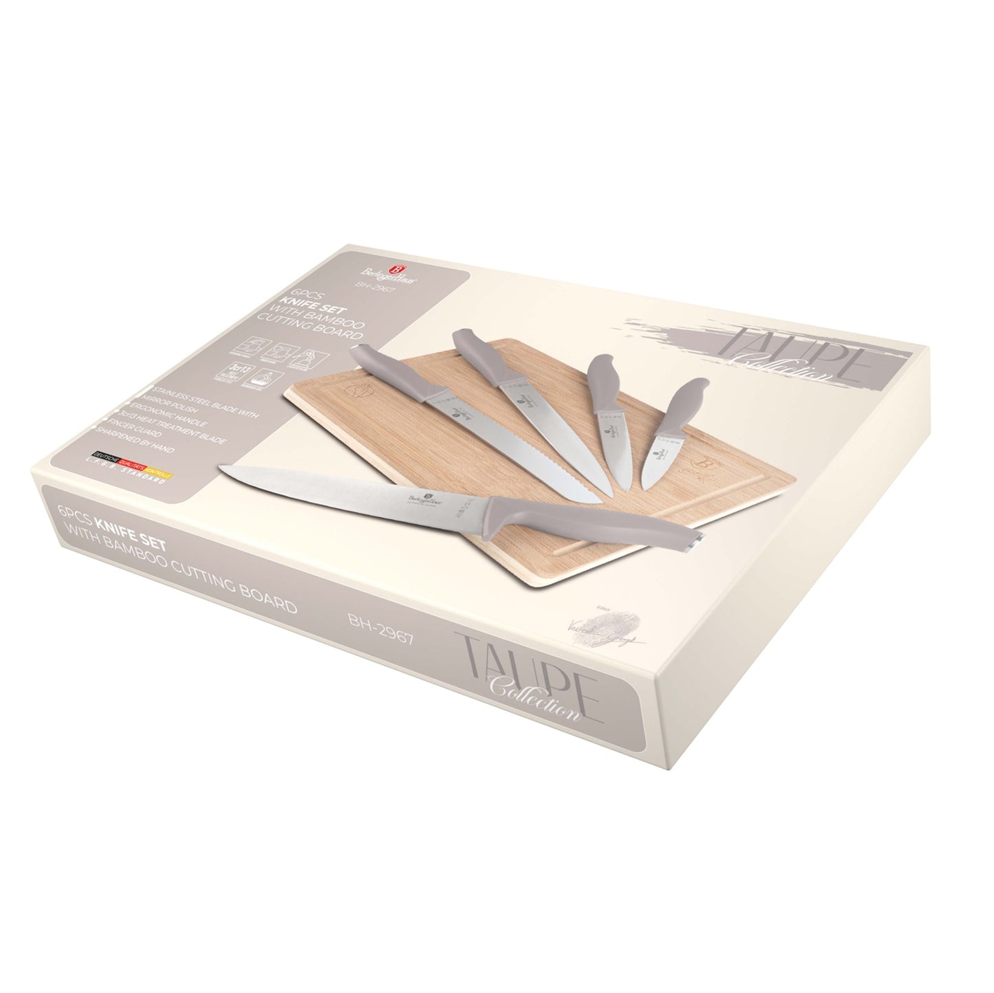 Berlinger Haus 6-Piece Knife Set with Bamboo Cutting Board – Taupe