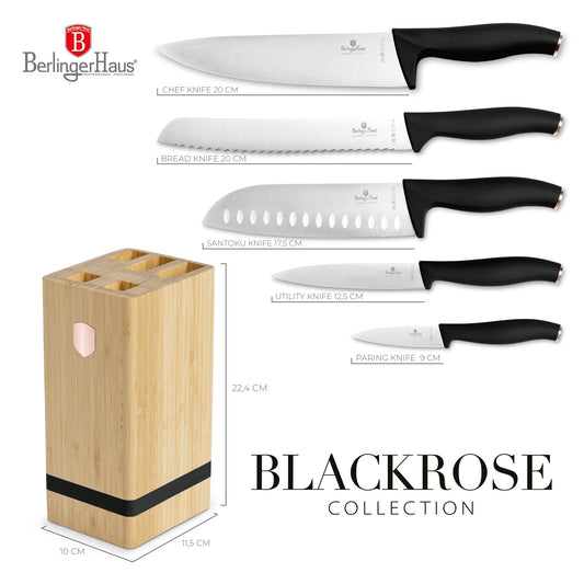 Berlinger Haus 6-Piece Stainless Steel Knife Set with Bamboo Stand – Black Rose