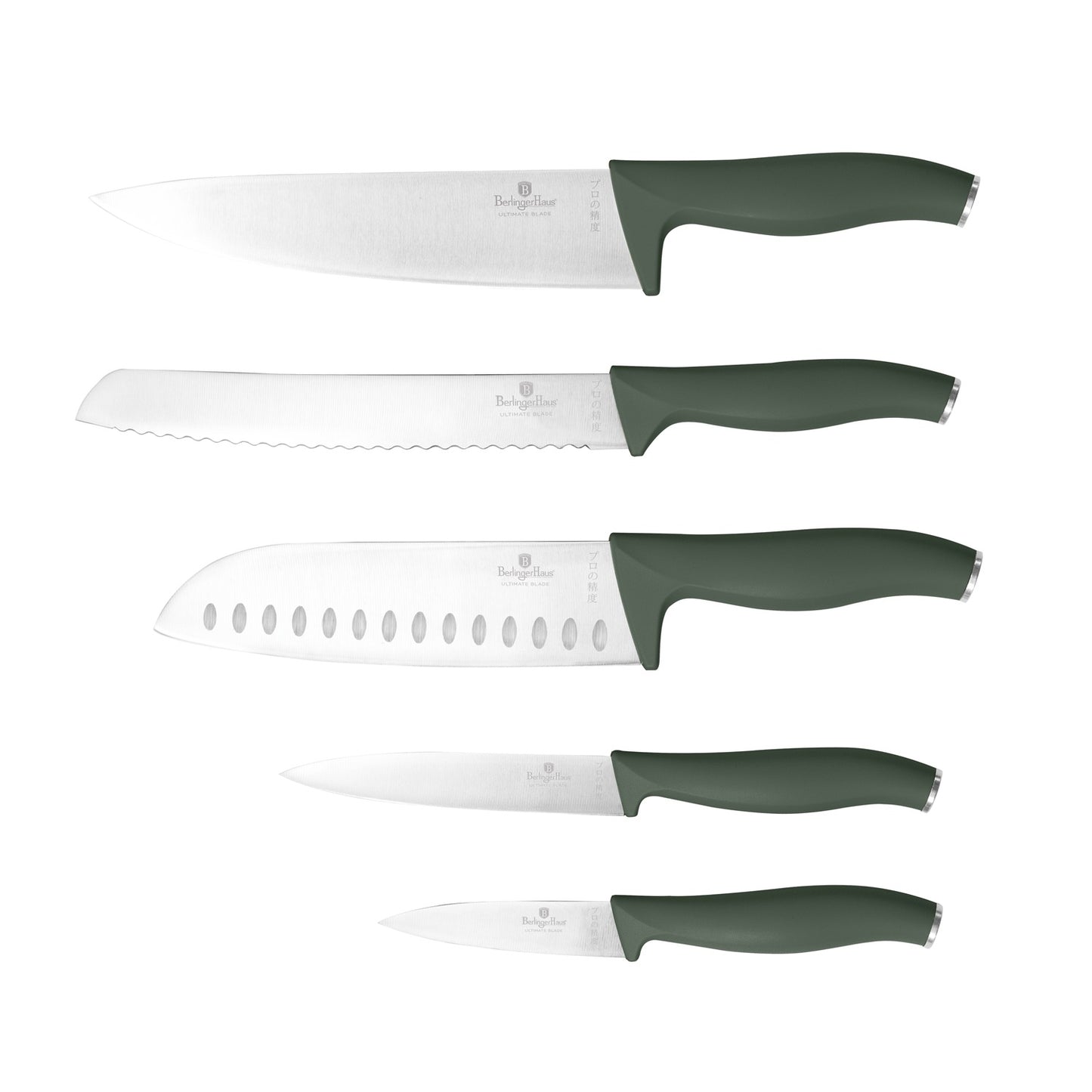 Berlinger Haus 6-Piece Stainless Steel Knife Set with Wood Magnetic Hanger - Matt Green