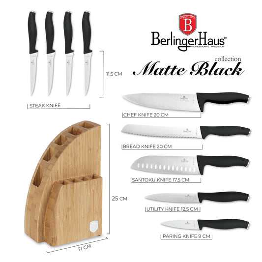 Berlinger Haus 10-Piece Stainless Steel Knife Set with Bamboo Stand – Matt Black