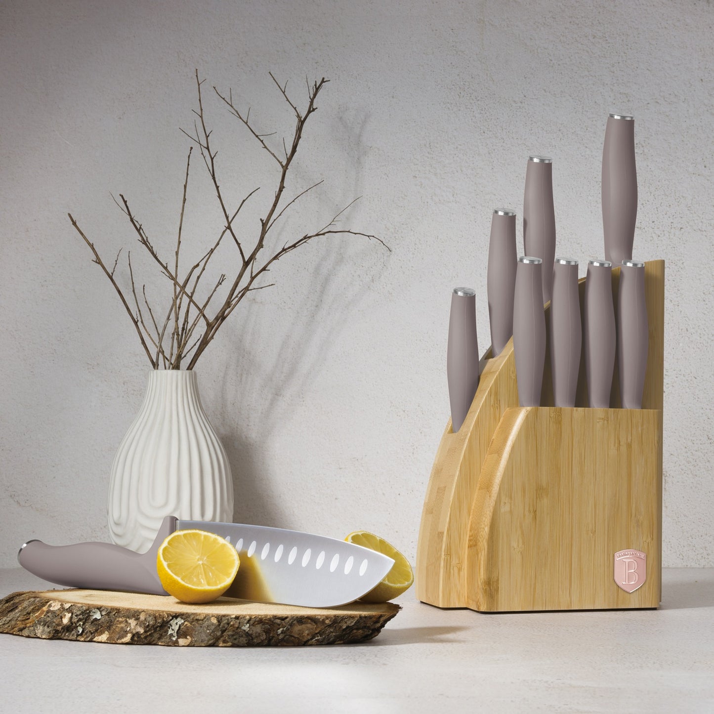 Berlinger Haus 10-Piece Stainless Steel Knife Set with Bamboo Stand – Taupe