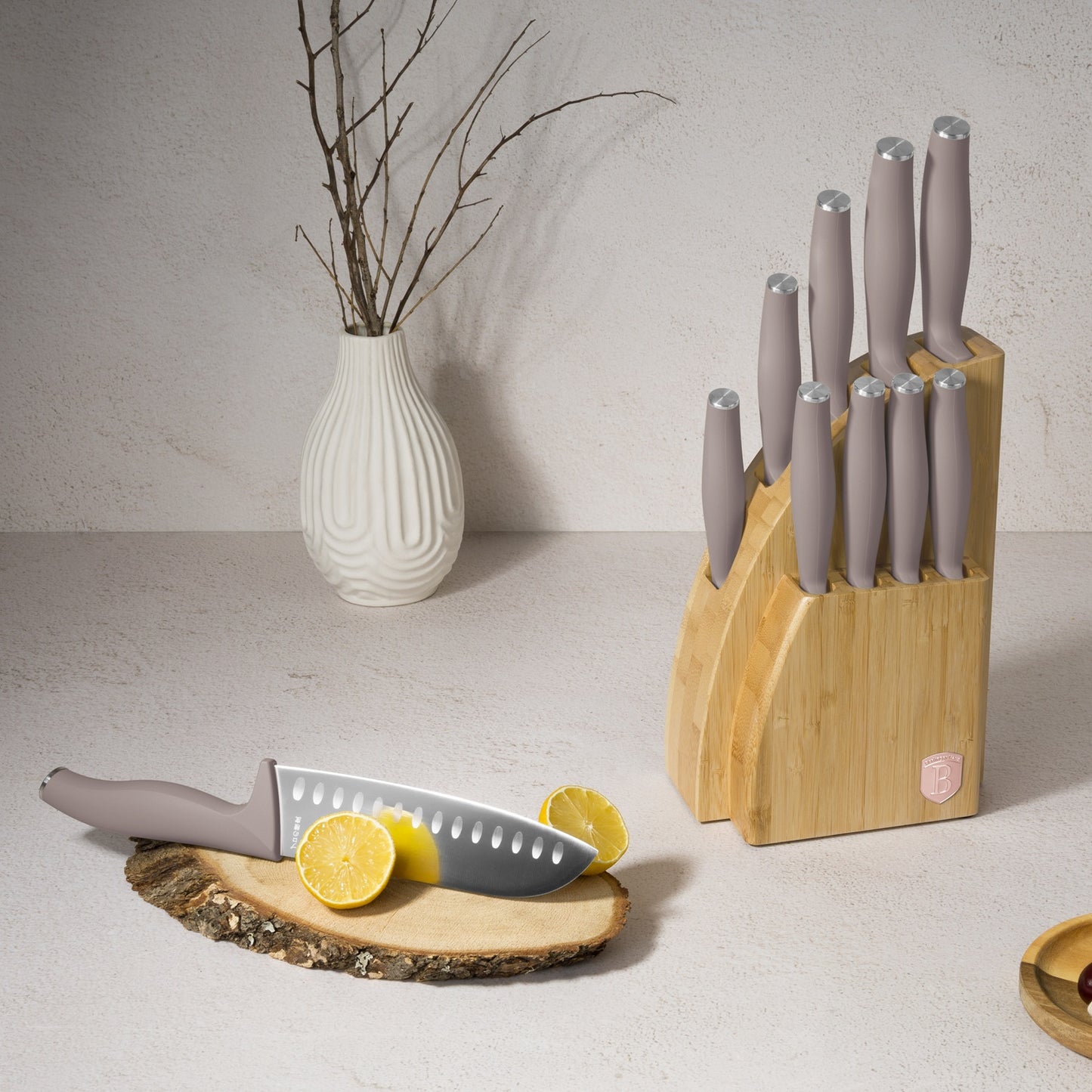 Berlinger Haus 10-Piece Stainless Steel Knife Set with Bamboo Stand – Taupe