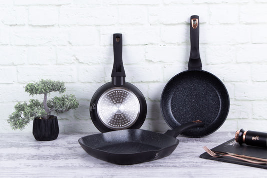 Berlinger Haus 3 Pieces Marble Coating Fry Pan Set - Black-Rose Collection