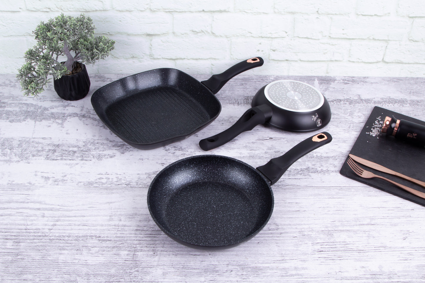 Berlinger Haus 3 Pieces Marble Coating Fry Pan Set - Black-Rose Collection