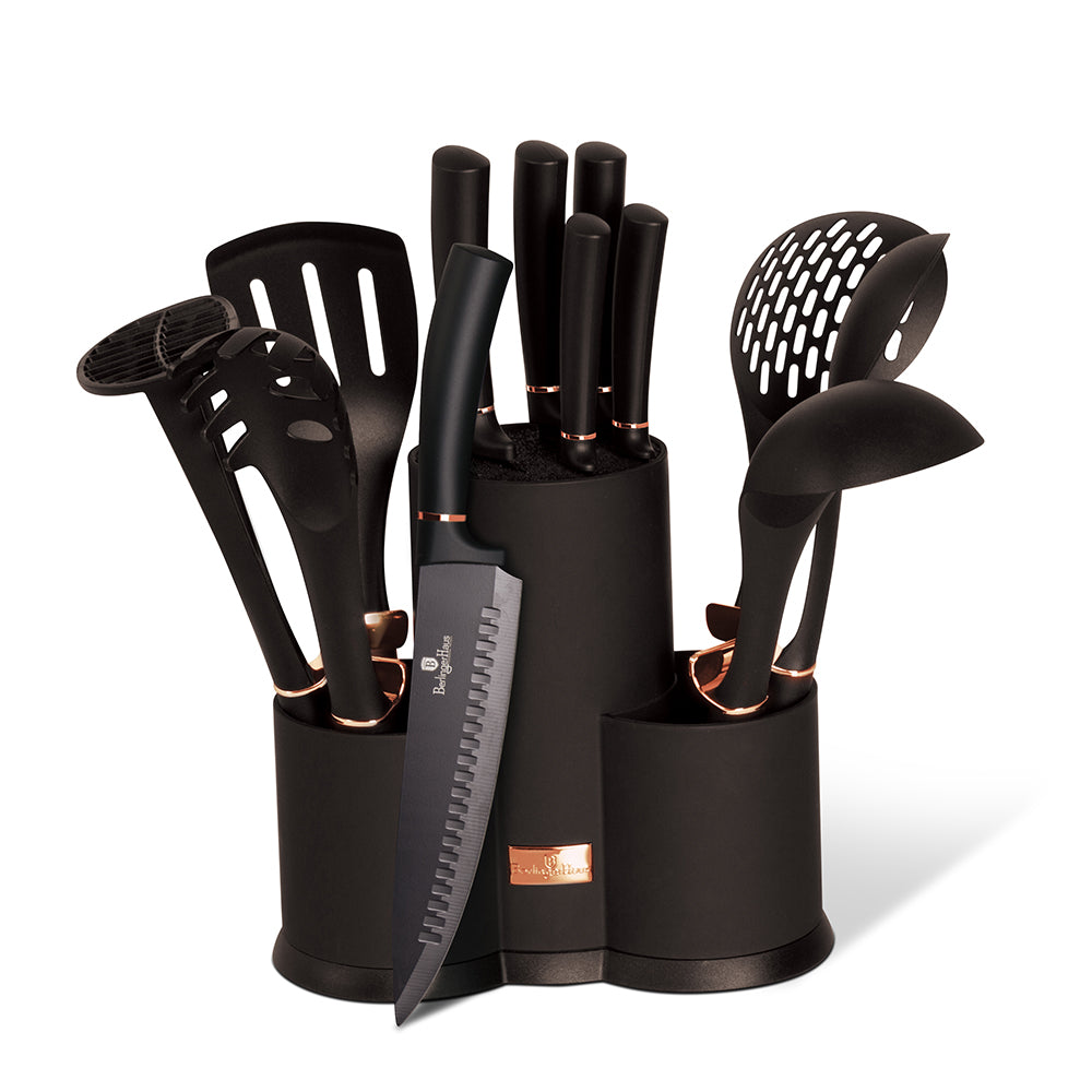 Berlinger Haus 12-Piece Knife and Non-Stick Tool Set with Stand – Black Rose