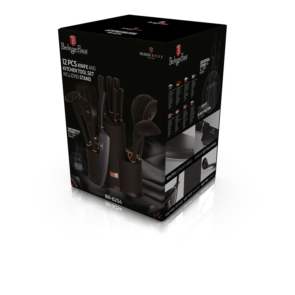 Berlinger Haus 12-Piece Knife and Non-Stick Tool Set with Stand – Black Rose
