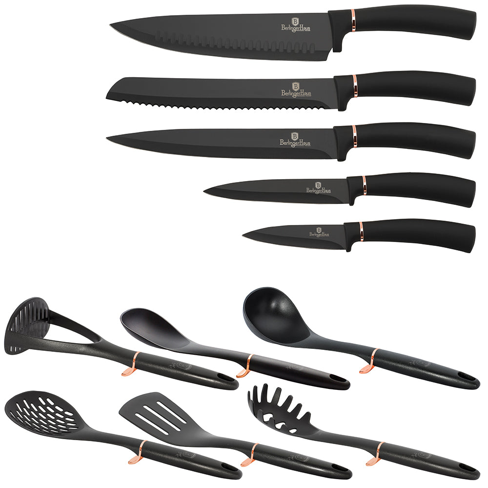 Berlinger Haus 12-Piece Knife and Non-Stick Tool Set with Stand – Black Rose