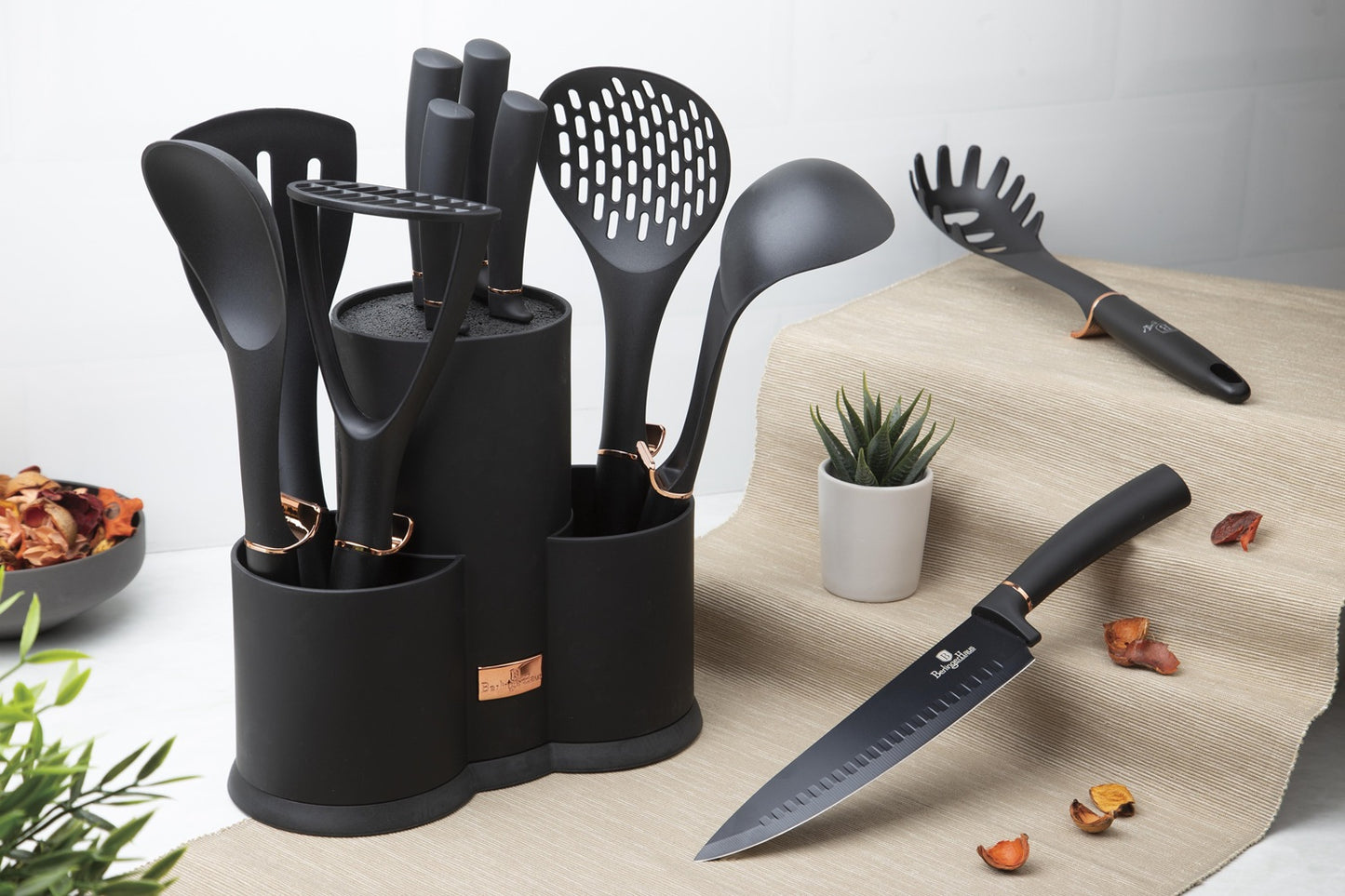 Berlinger Haus 12-Piece Knife and Non-Stick Tool Set with Stand – Black Rose