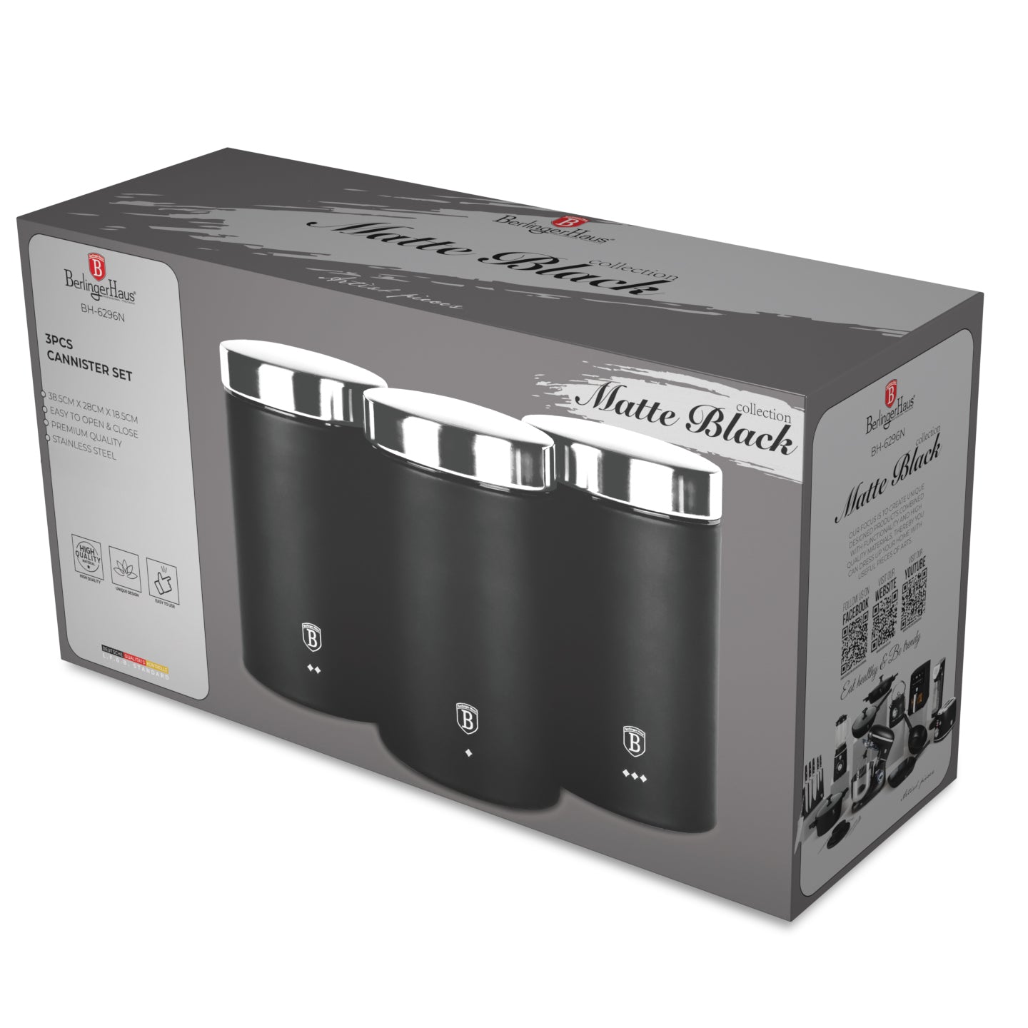 Berlinger Haus 3 Piece Stainless Steel Premium Canister Set - Black Silver