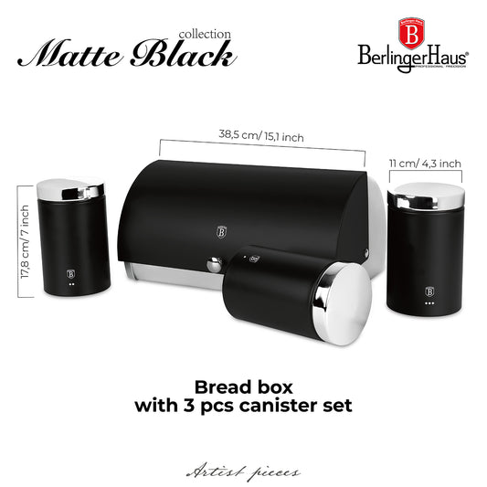 Berlinger Haus Bread Box with 3-Piece Canister Set – Matte Black