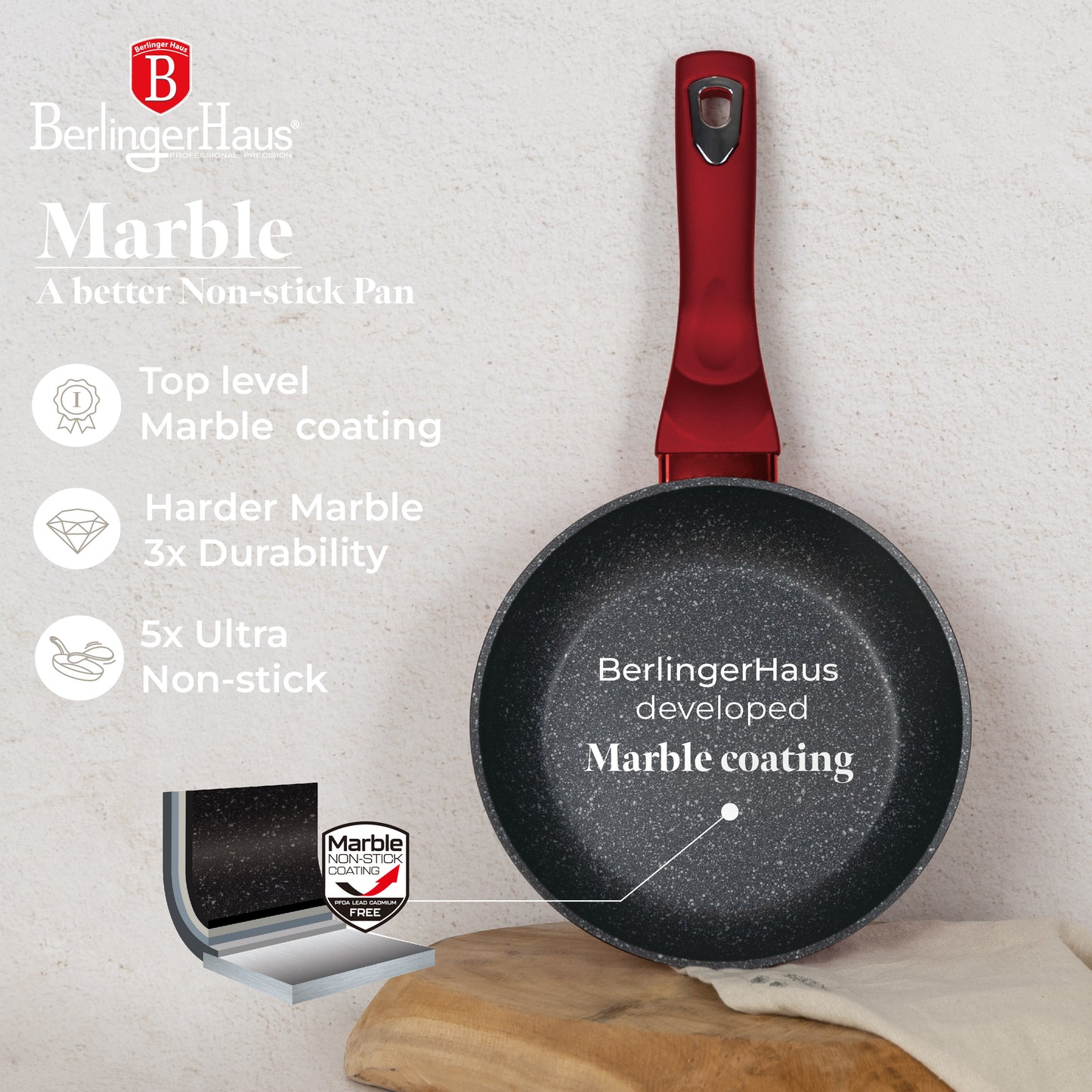 Berlinger Haus 5-Piece Marble Coating Smart Lid Fry & Grill Pan Set - Burgundy Metallic