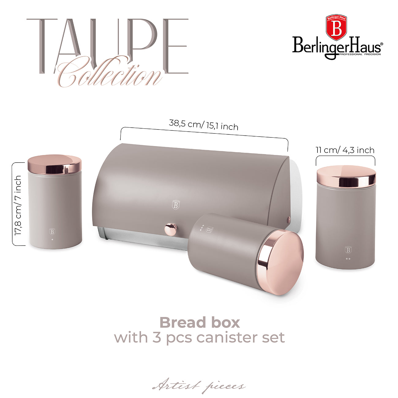Berlinger Haus Bread Box with 3-Piece Canister Set – Taupe