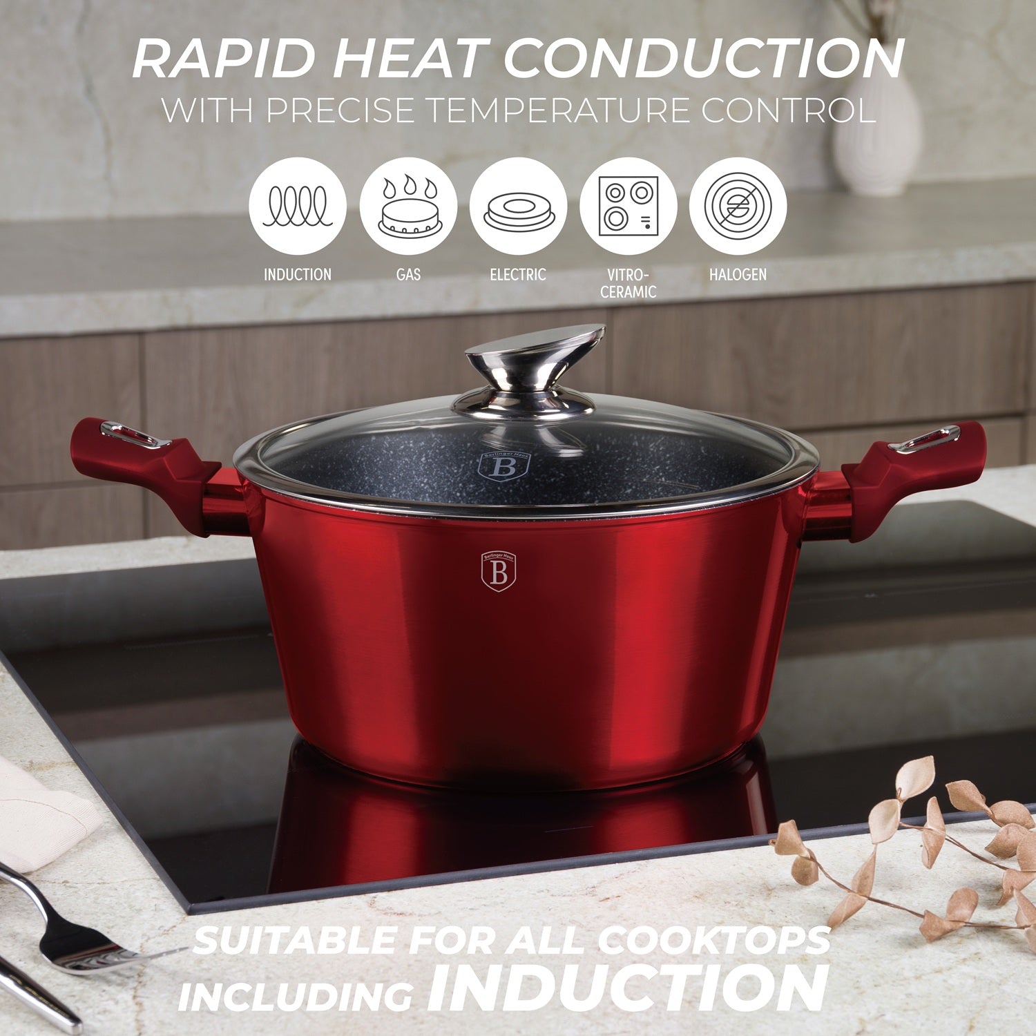 Berlinger Haus 22-Piece Marble Coating Smart Lid Cookware Set - Burgundy Metallic