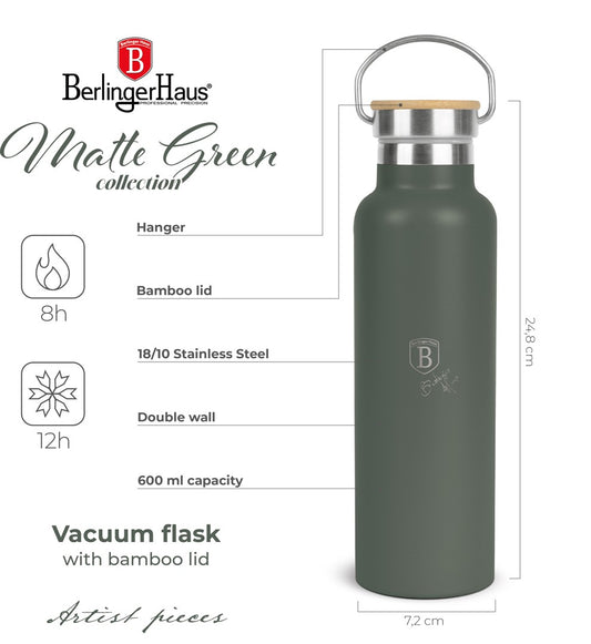 Berlinger Haus 600ml Stainless Steel Flask with Bamboo Lid – Matte Green
