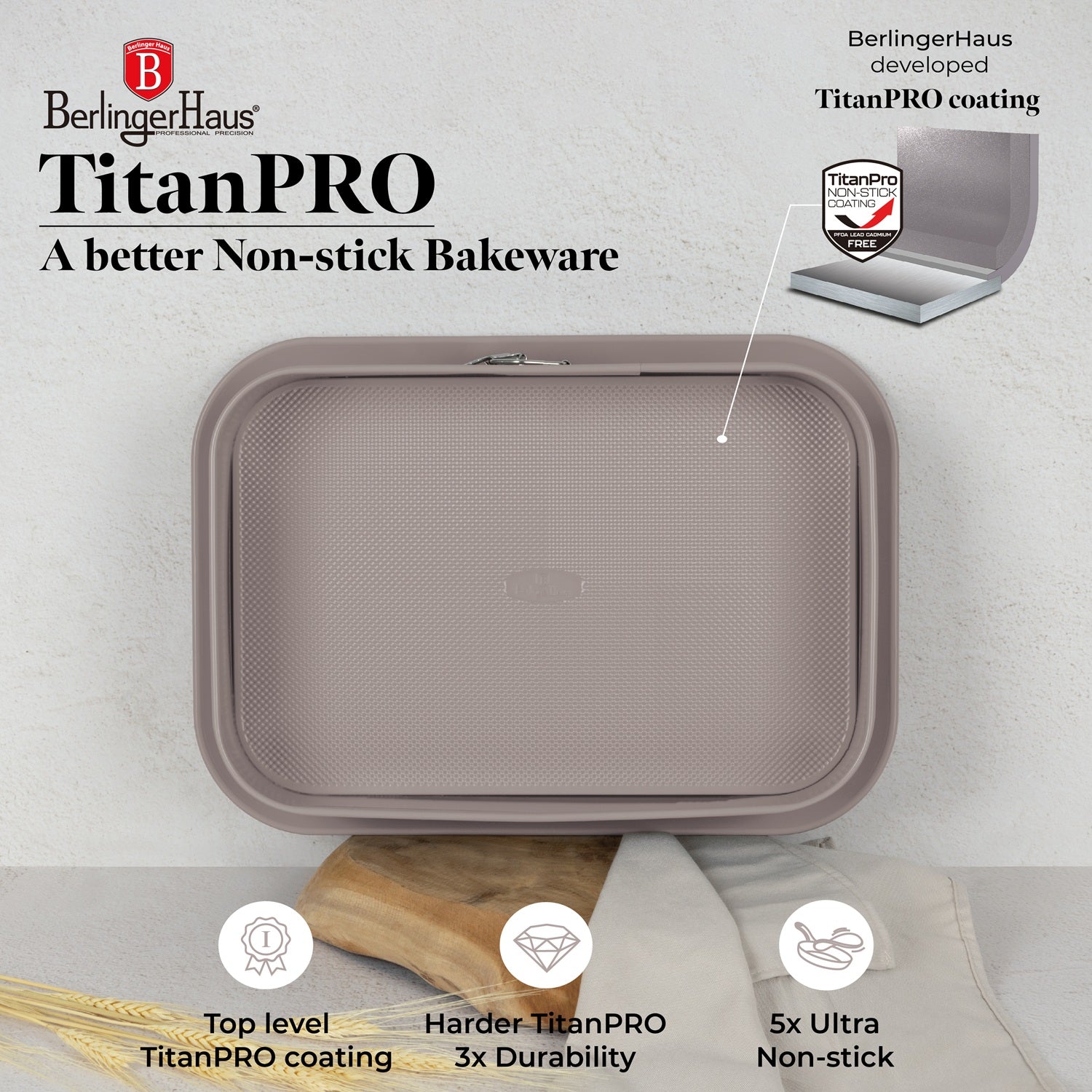 Berlinger Haus 39cm Titan Pro Non-Stick Coating Rectangle Springform – Taupe