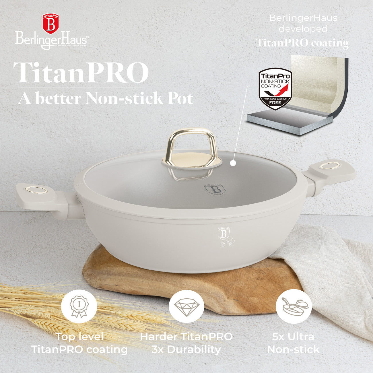 Berlinger Haus 28cm Non Stick Titan Pro Coating Shallow Pot - Sahara