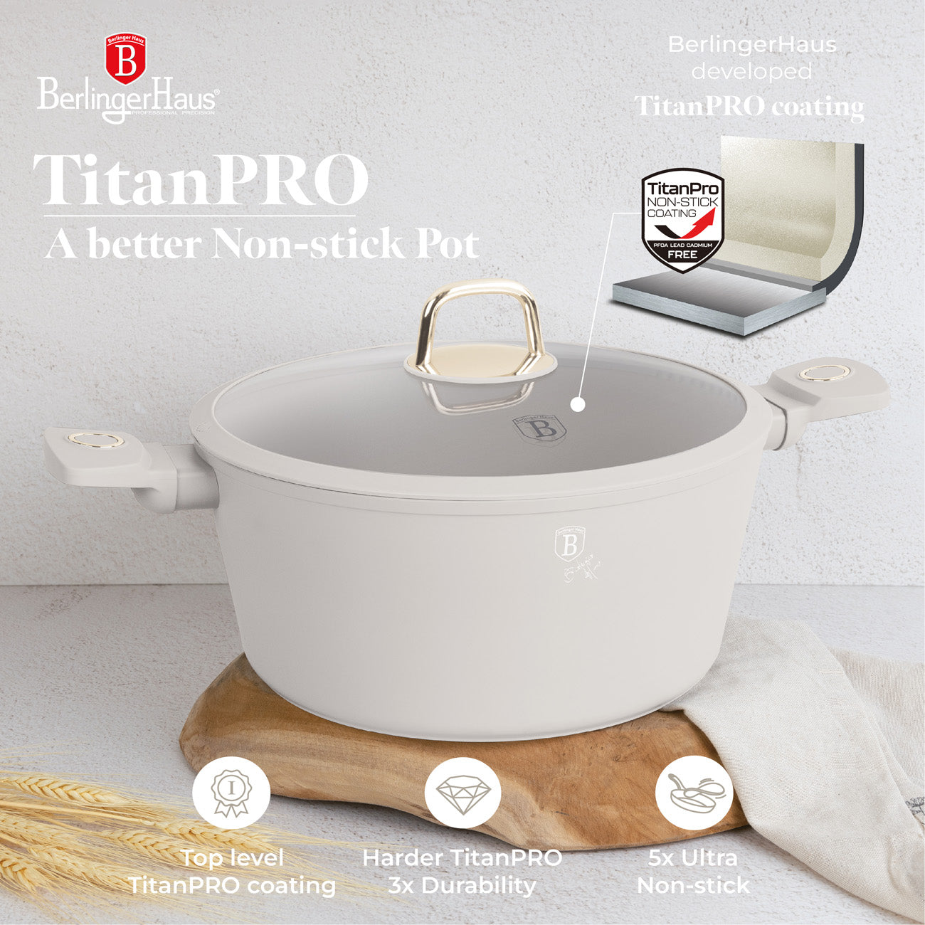 Berlinger Haus 28cm Titan Pro Non-Stick Coating Casserole - Sahara