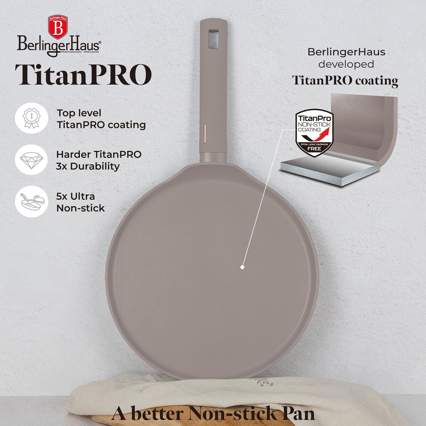 Berlinger Haus 28cm Titan Pro Non-Stick Coating Pancake Pan - Taupe