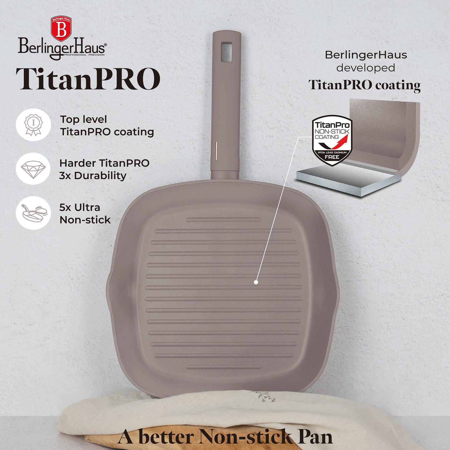 Berlinger Haus 28cm Titan Pro Non-Stick Coating Grill Pan - Taupe