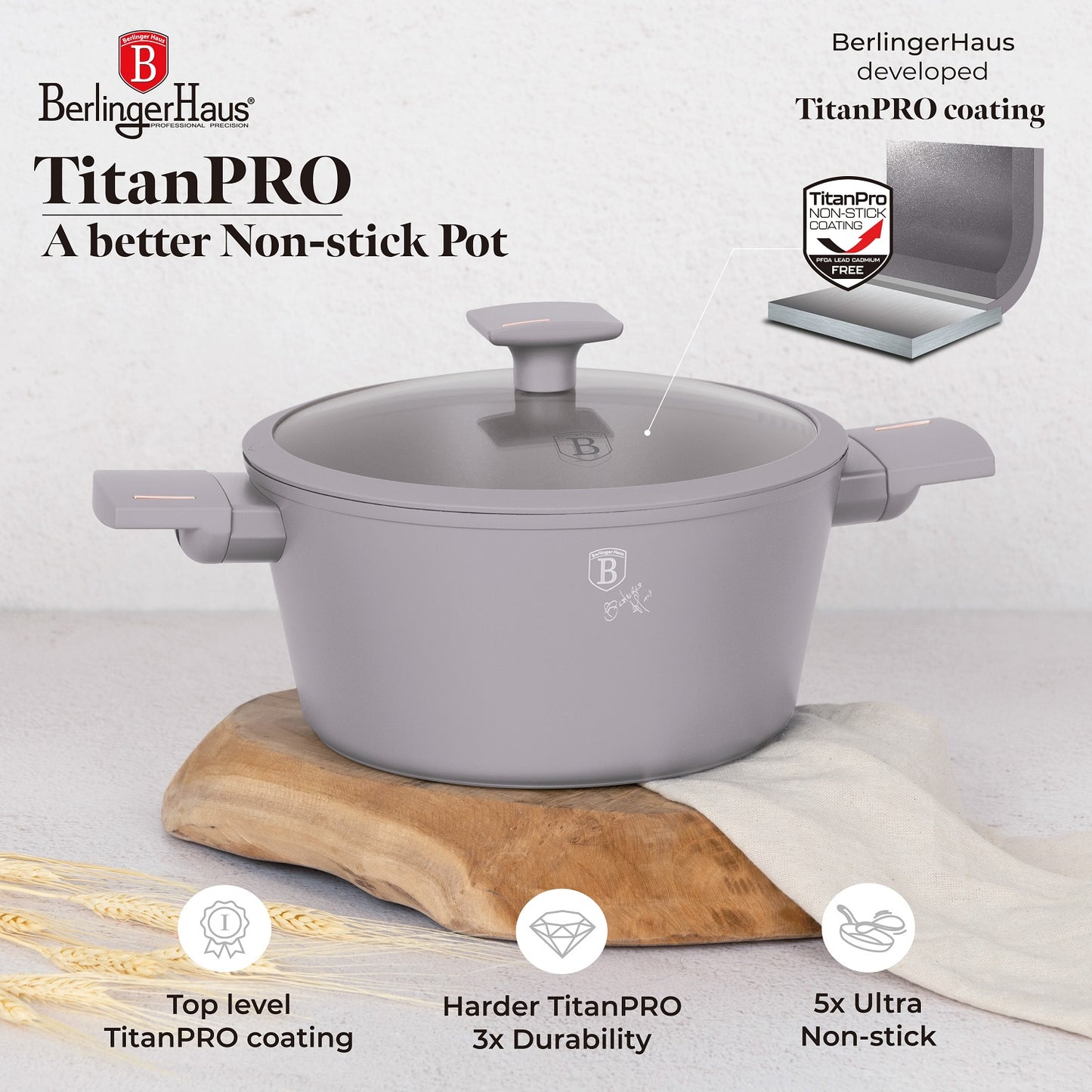 Berlinger Haus 24cm Non Stick Titan Pro Coating Casserole - Taupe