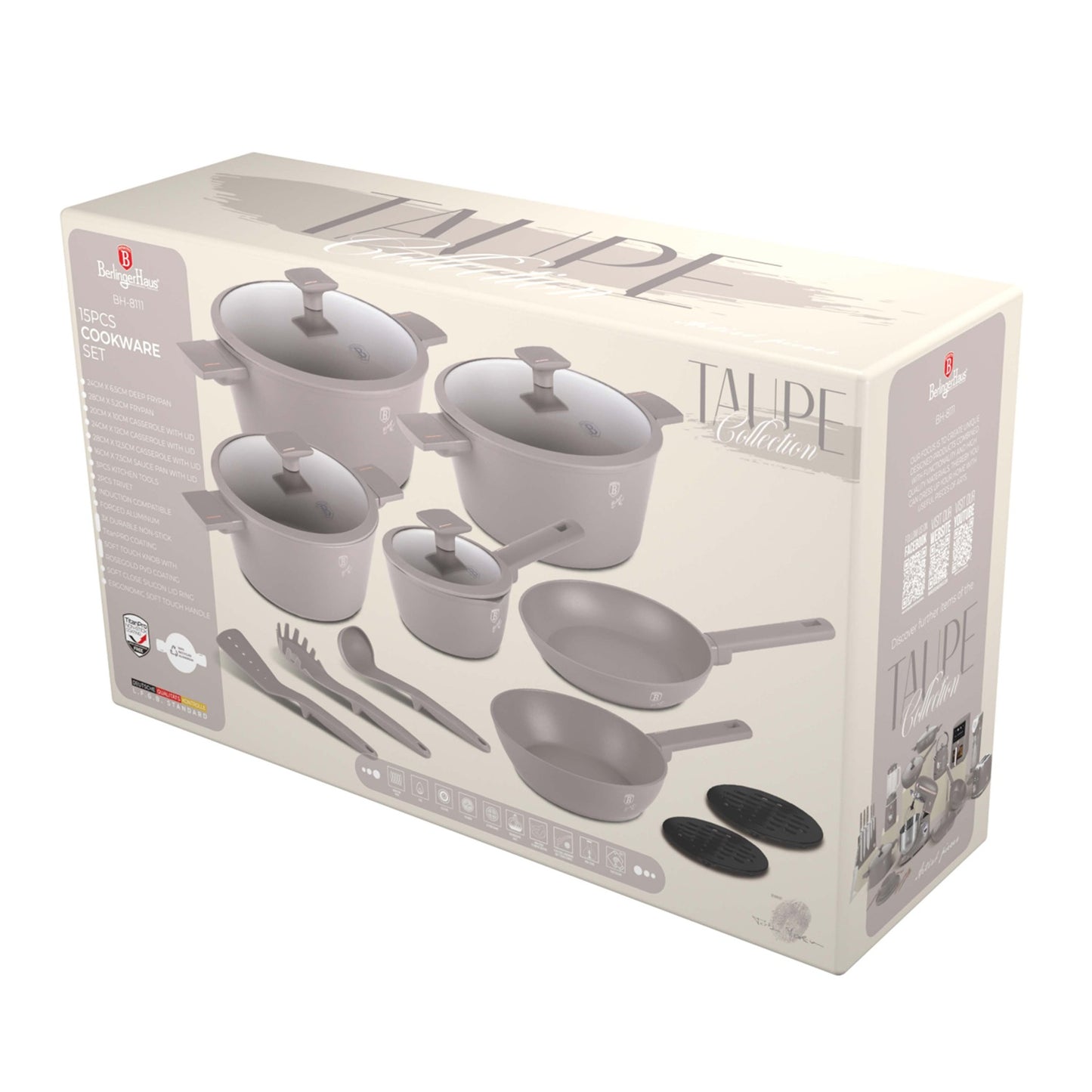 Berlinger Haus 15-Piece Non-Stick Titan Pro Coating Cookware Set - Taupe