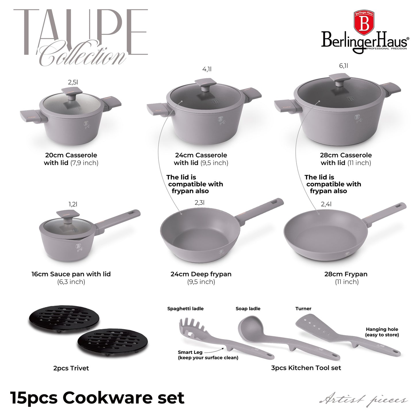 Berlinger Haus 15-Piece Non-Stick Titan Pro Coating Cookware Set - Taupe