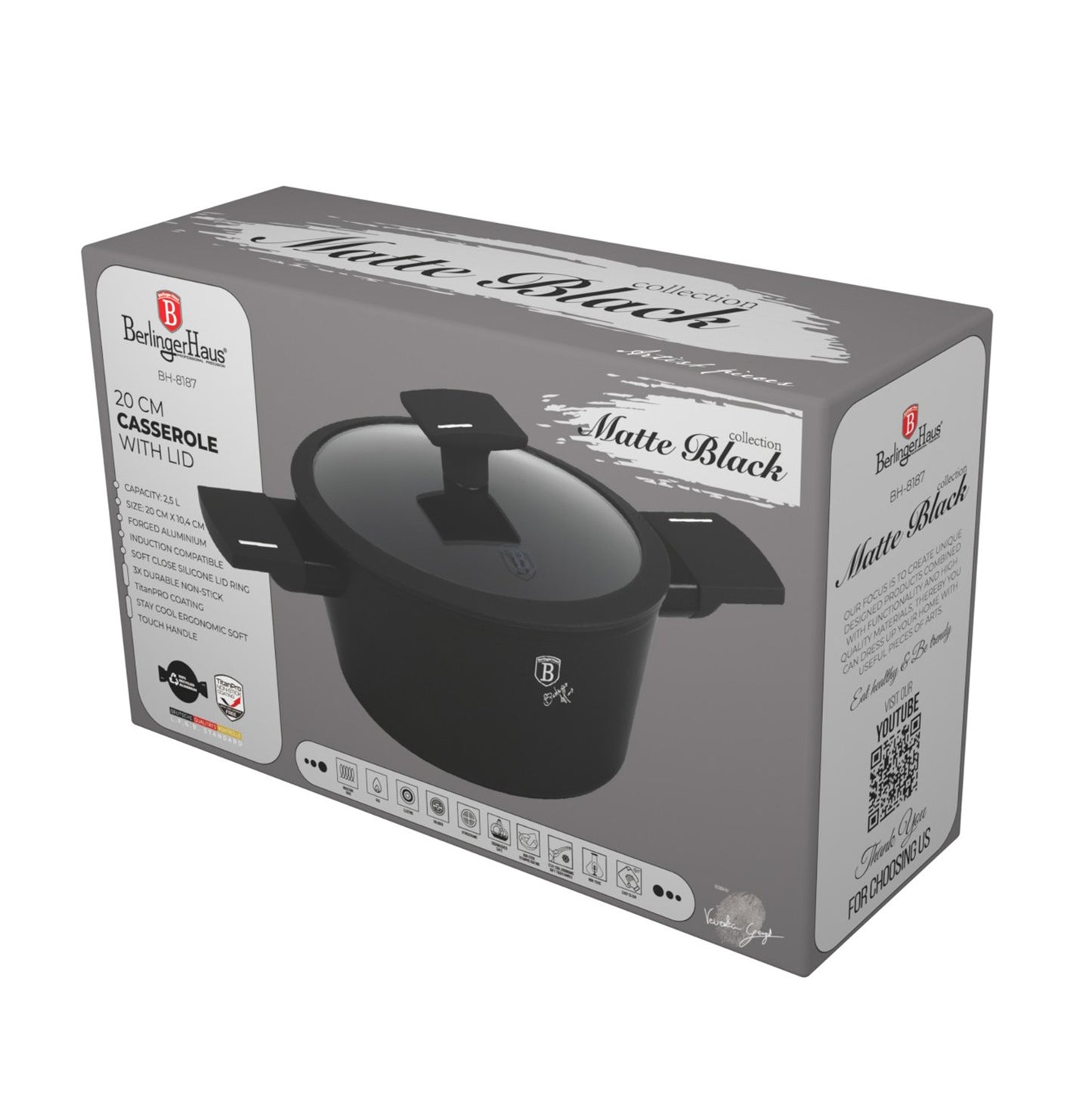 Berlinger Haus 20cm Titan Pro Non-Stick Casserole – Matte Black