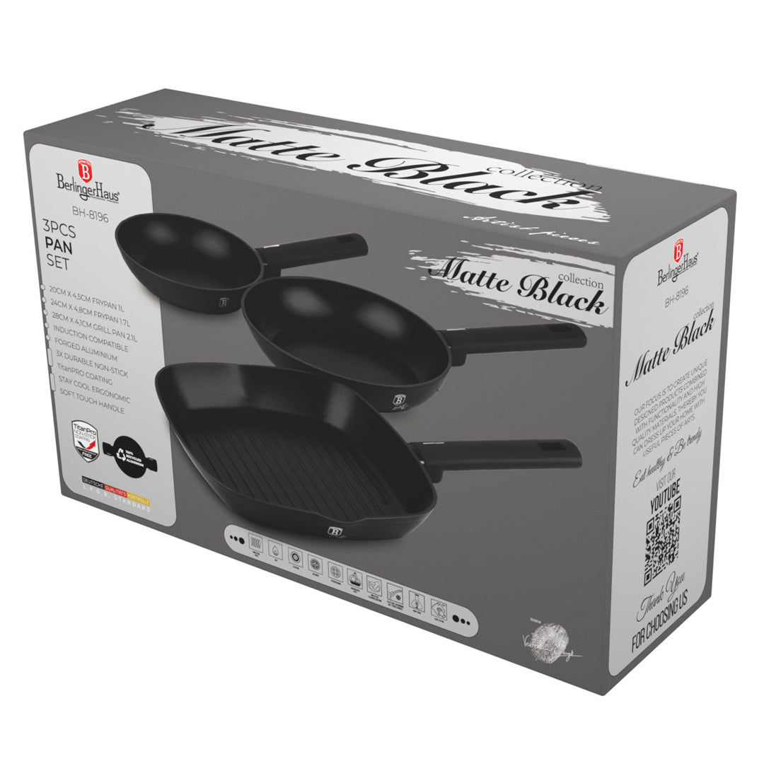 Berlinger Haus 3‑Piece Titan Pro Non-Stick Coating Fry & Grill Pan Set – Matte Black