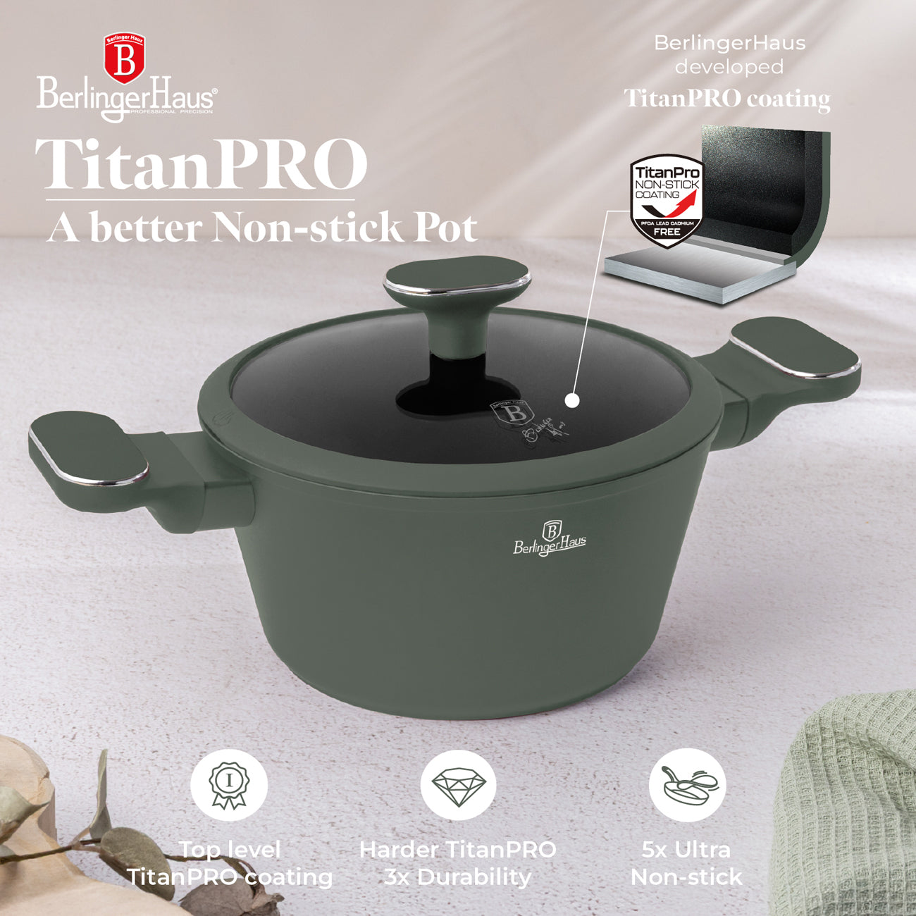 Berlinger Haus 20cm Titan Pro Non-Stick Coating Casserole - Matt Green