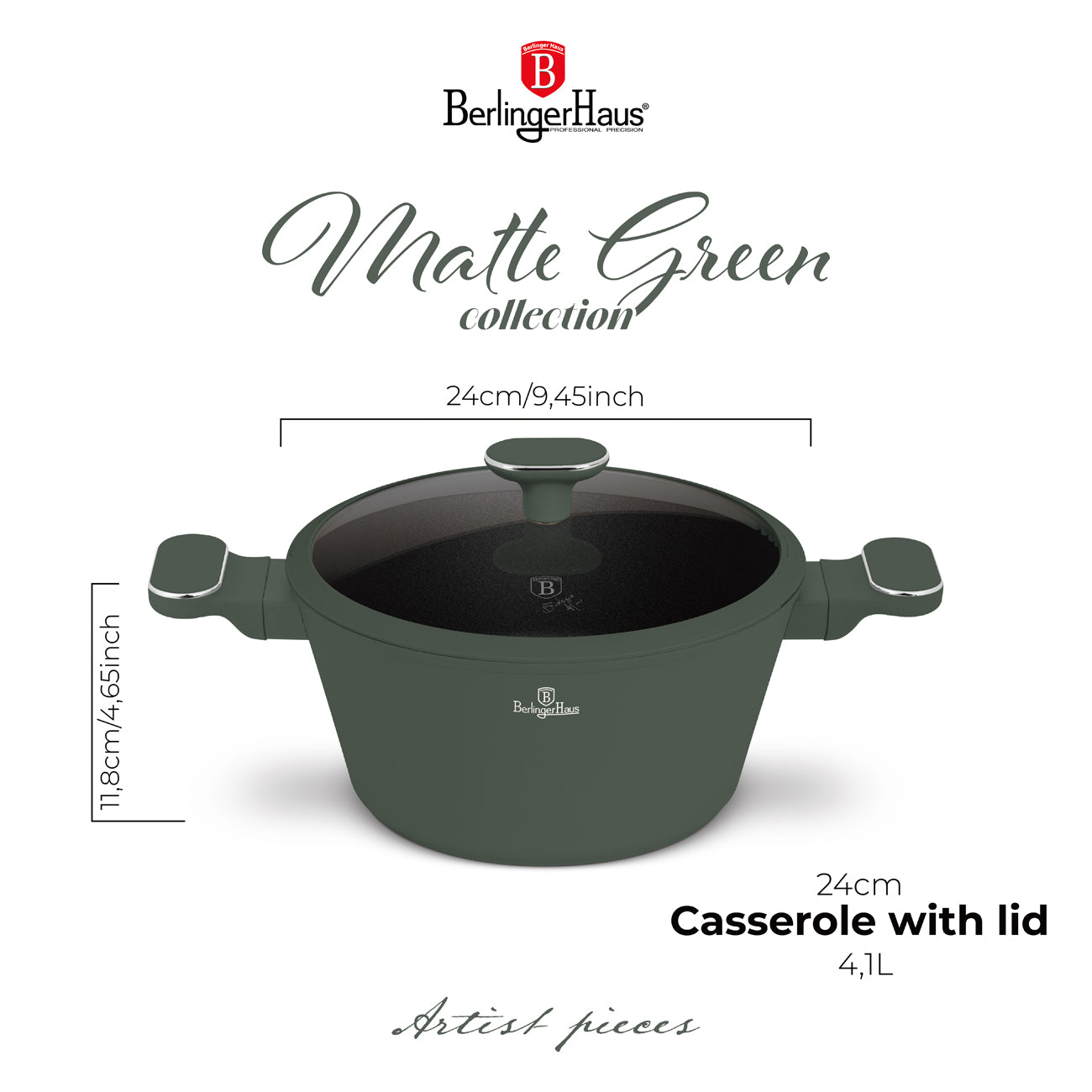 Berlinger Haus 24cm Titan Pro Non-Stick Coating Casserole - Matte Green