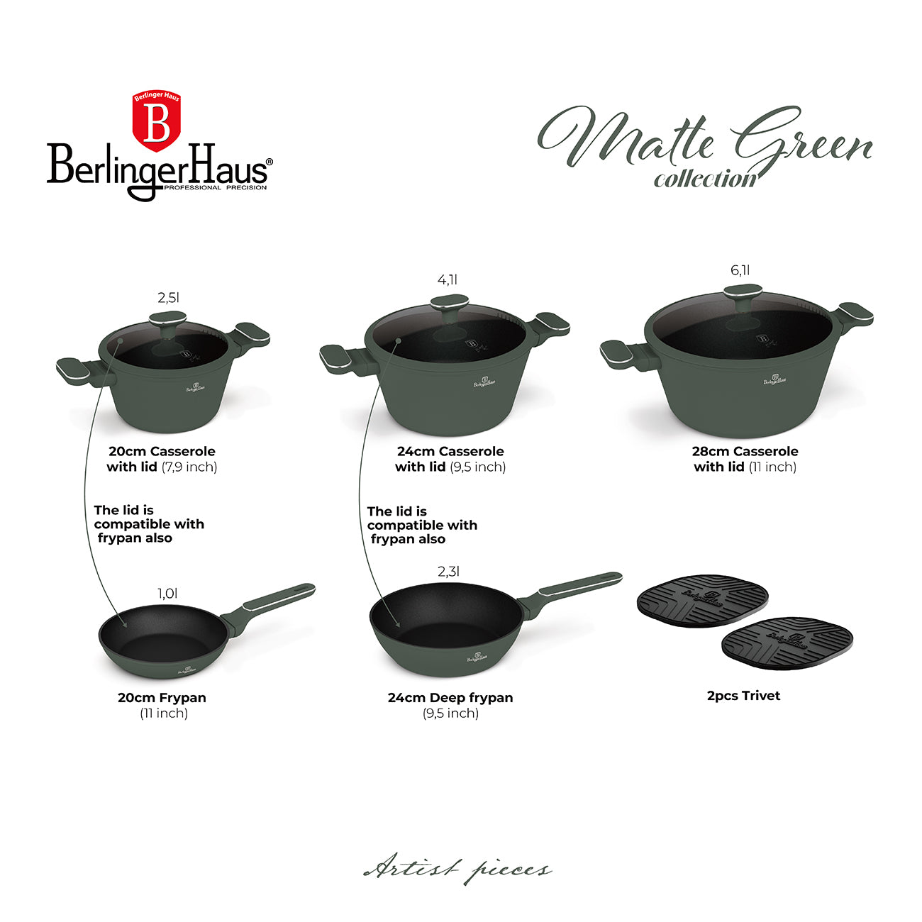 Berlinger Haus 10-Piece Non-Stick Titan Pro Coating Cookware Set - Matt Green