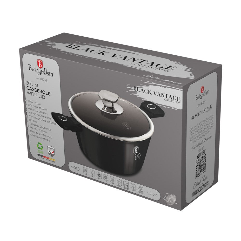 Berlinger Haus 20cm Titan Pro Non-Stick Casserole with Lid - Black Vantage