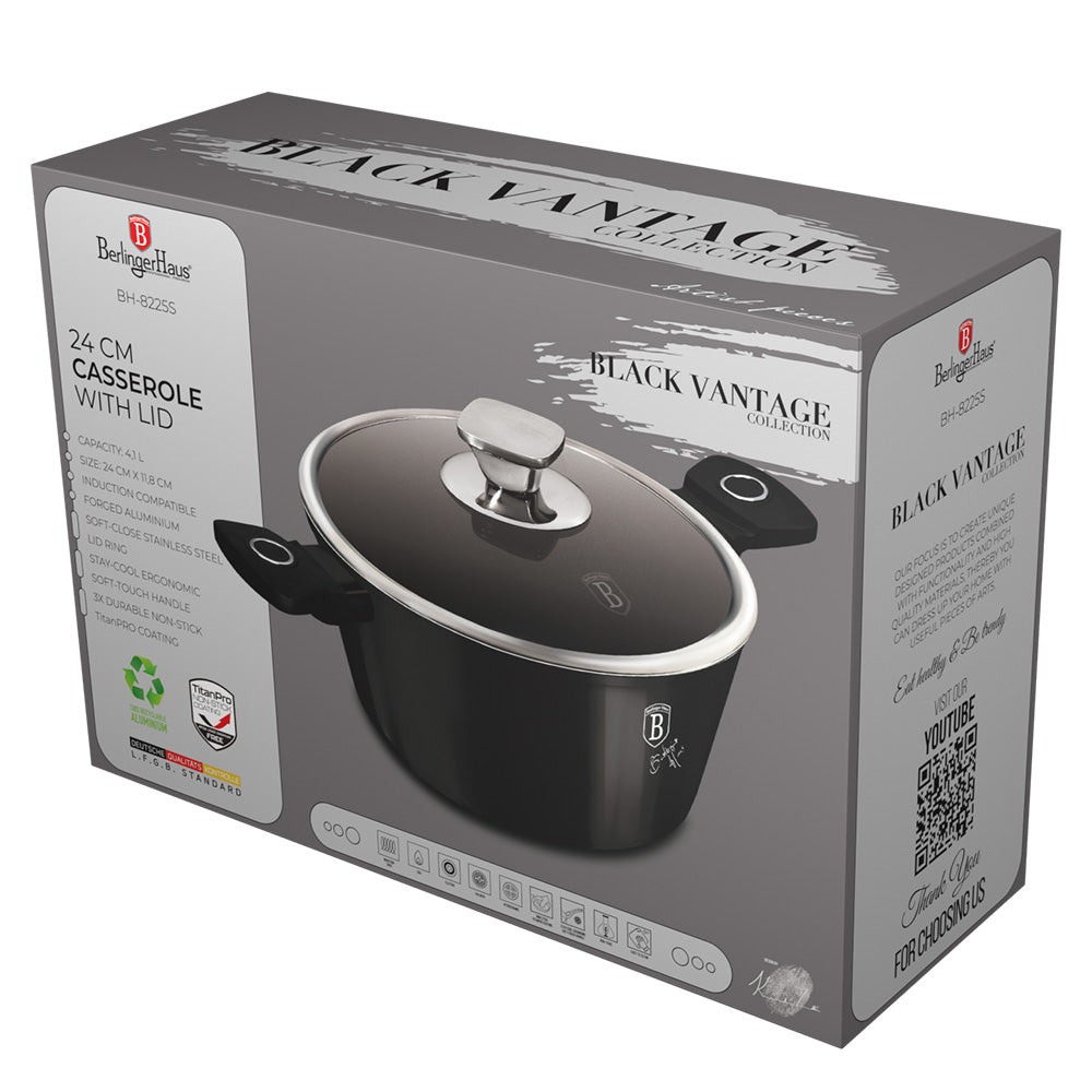 Berlinger Haus 24cm Titan Pro Non-Stick Casserole with Lid - Black Vantage