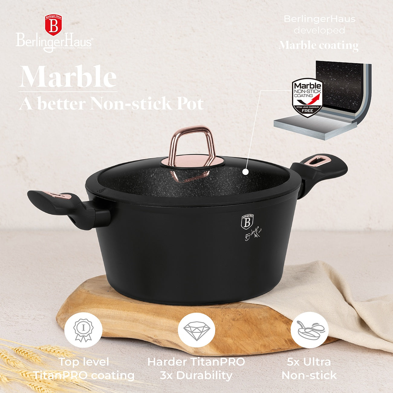 Berlinger Haus 15-Piece Ultra Non-Stick Coating Cookware Set - Black Rose