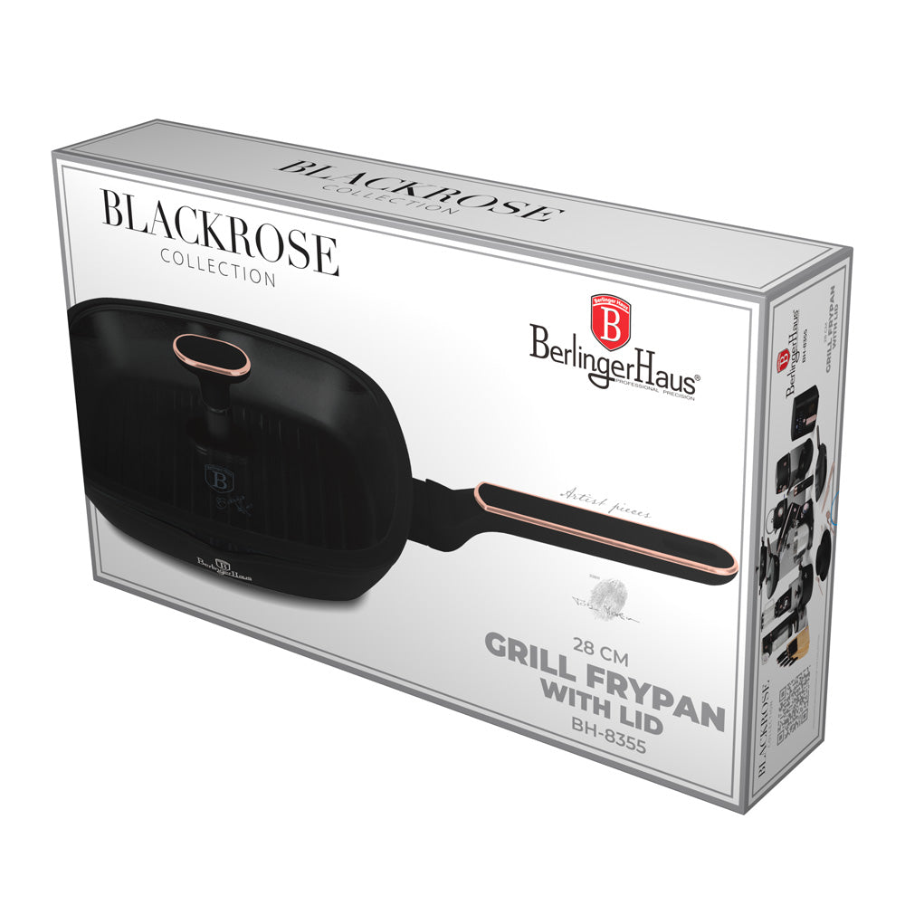 Berlinger Haus 28cm Titan Pro Non-Stick Coating Grill Pan with Lid - Black Rose
